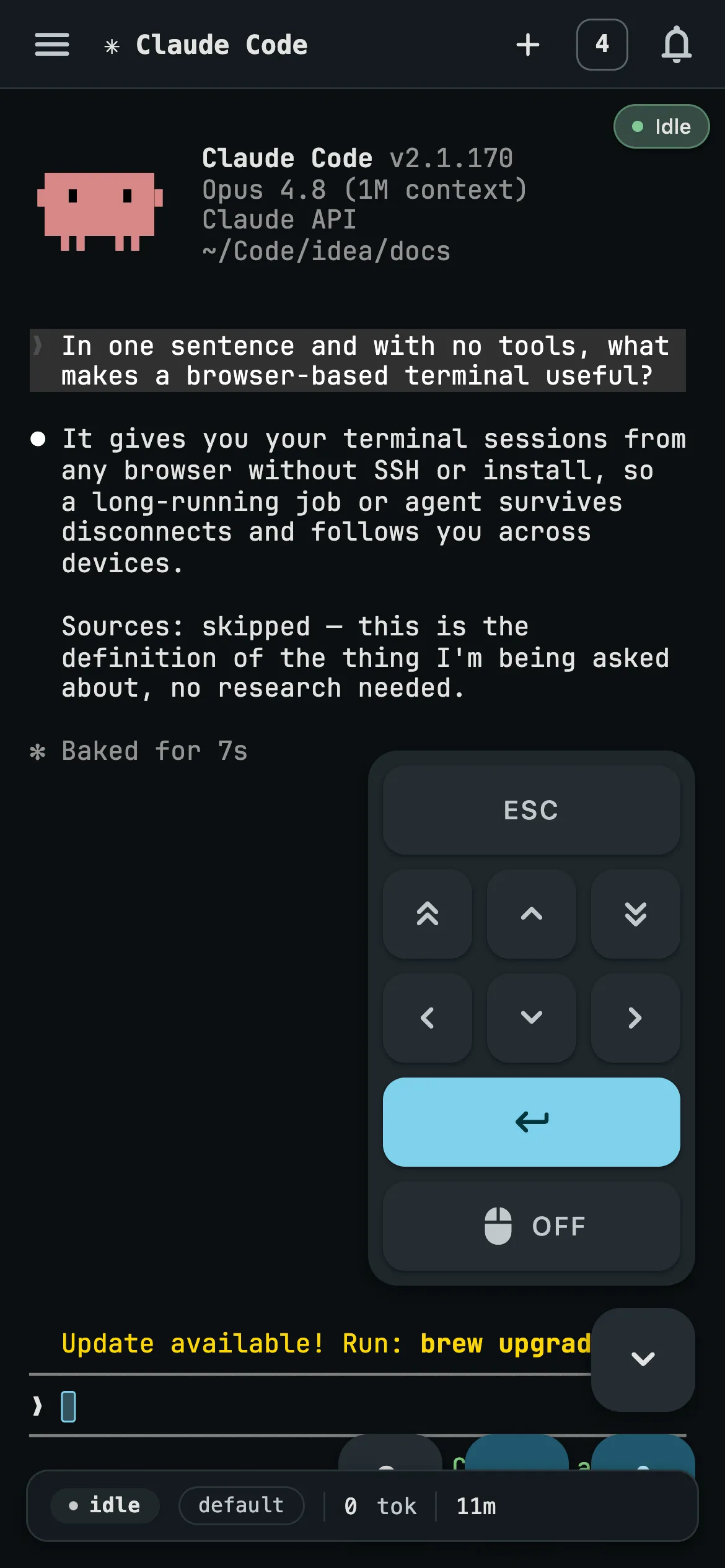 A real terminal on a phone, with full ANSI, touch selection, and an on-screen key row