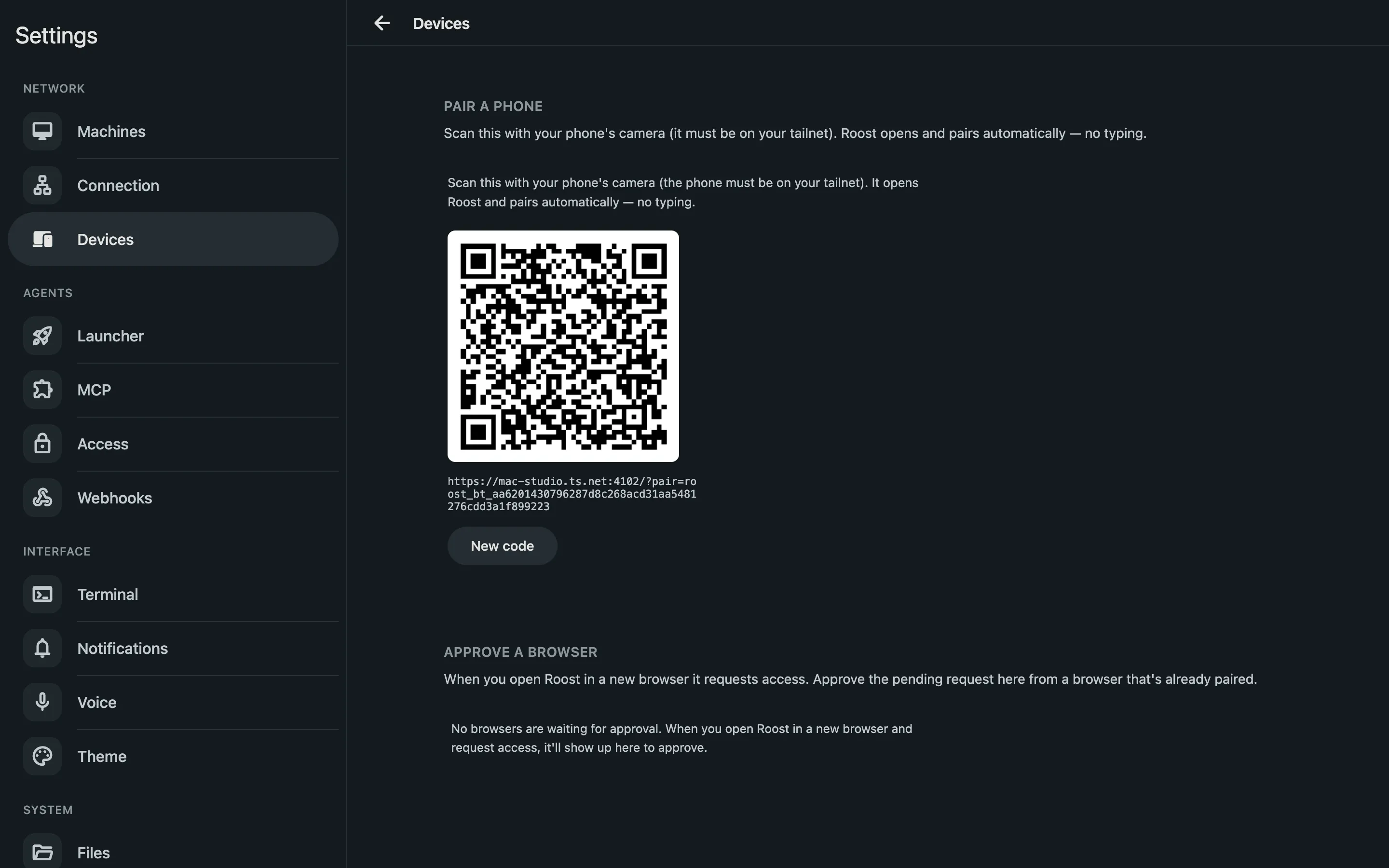 Pair a phone or tablet by scanning a QR; it signs itself in, nothing to type
