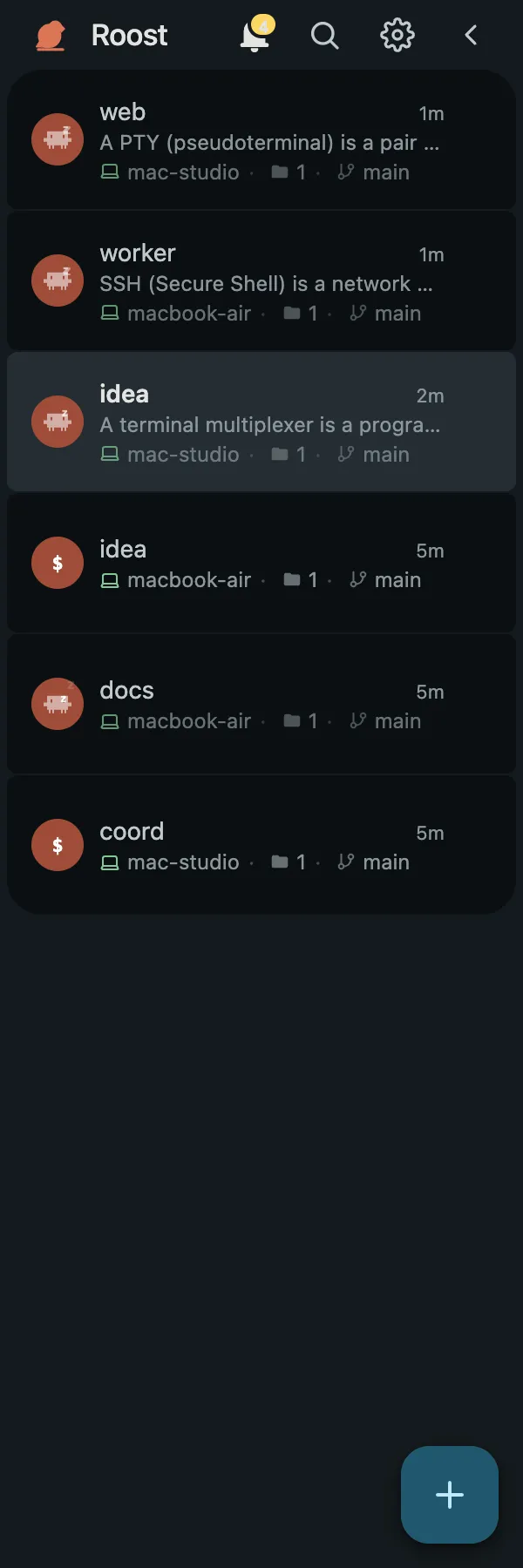 The sidebar groups live sessions by machine, with per-machine CPU, memory, disk, and network tiles